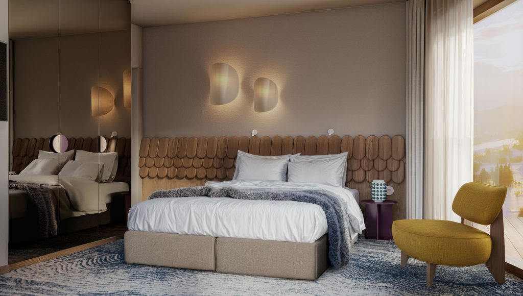 sypialnia z panoramicznym oknem w górach